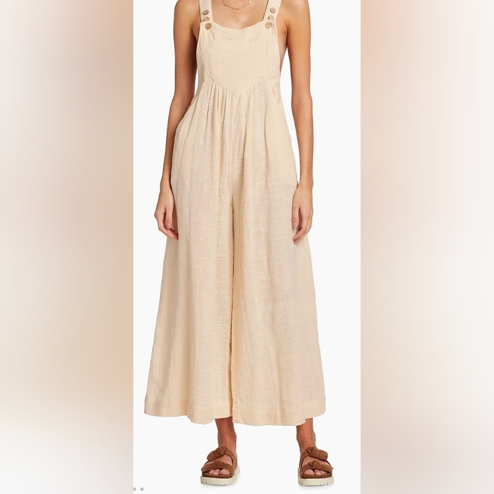 Free People Sundrenched Wide Leg Jumpsuit Neutral Cotton Overalls Small Boho - Picture 2 of 9